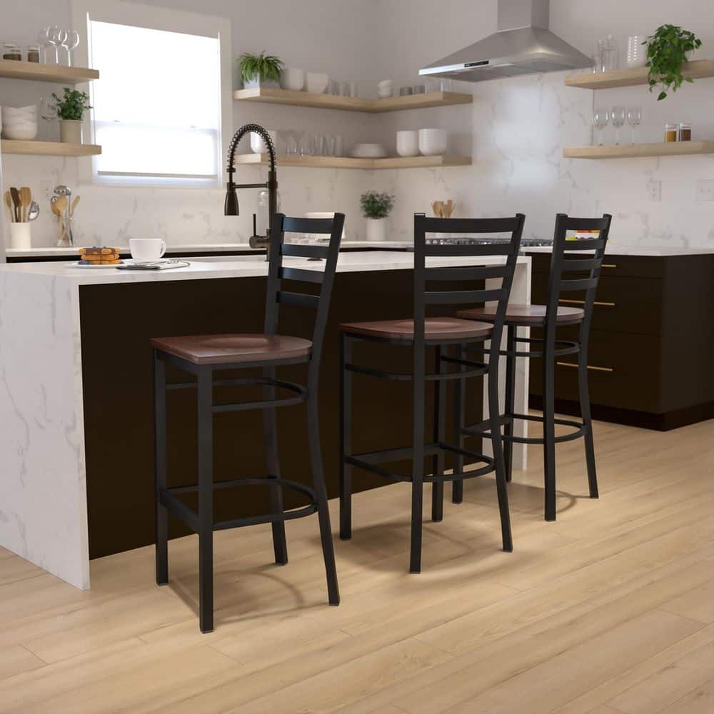 Elegant Black Metal Ladder Back Barstool with Mahogany Wood Seat