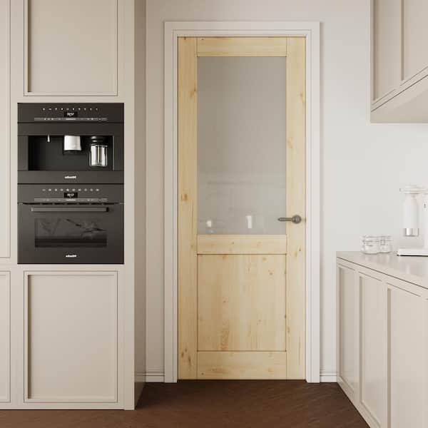 32 in. x 80 in. Unfinished Solid Core Pine Wood 1/2-Lite Tempered Frosted Glass Interior Door Slab
