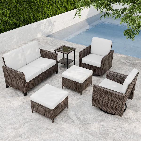 EAGLE PEAK 6-Piece Mix Brown Wicker Patio Conversation Set Wide Armrest Loveseat Sofa Set, Beige Cushions, Swivel Chairs
