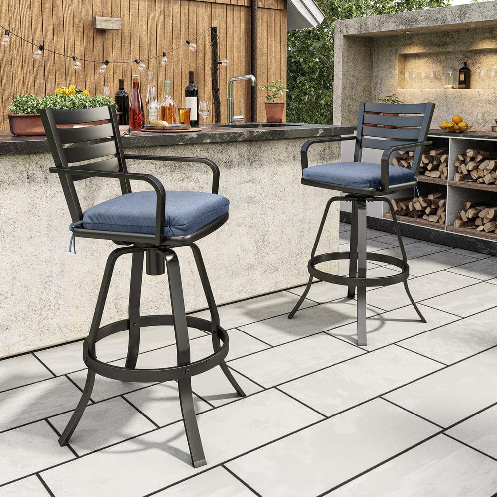 Black Cast Aluminum Swivel Bar Stools with Blue Cushions, Set of 2