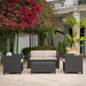 4-Piece Faux Rattan Outdoor Patio Conversation Set with Beige Cushions