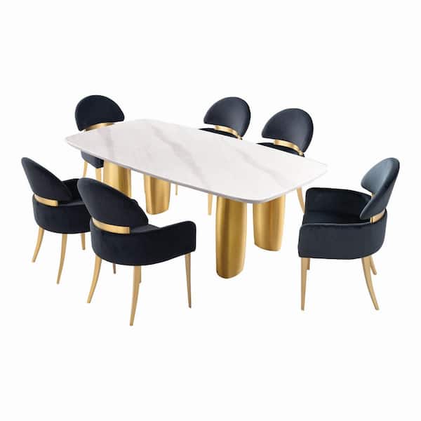 Varand 7-Piece Rectangle White/Matte Gold Sintered Stone Top Dining Room Set with Modular Legs (Seats 6)