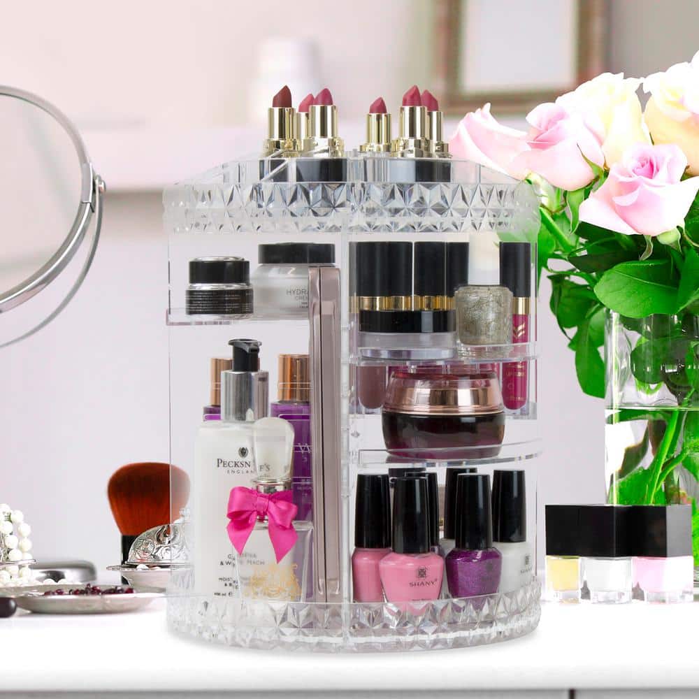 Clear Rotating Multi-Tier Cosmetic Organizer with Divided Slots