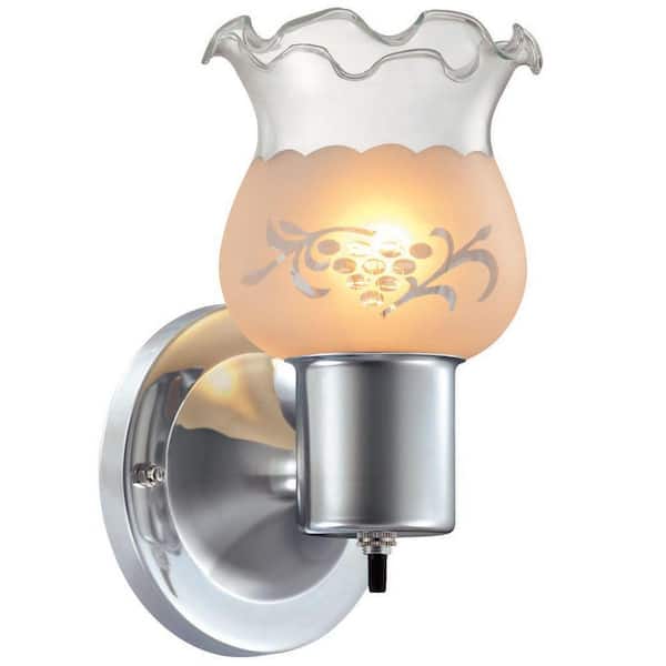 Hampton Bay 1-Light Chrome Sconce with Frosted Etched Glass Shade