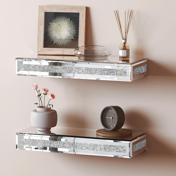 THKSHOUZ 2 Piece Silver Mirror Rectangle Glass 15 in. Decorative Wall Shelf