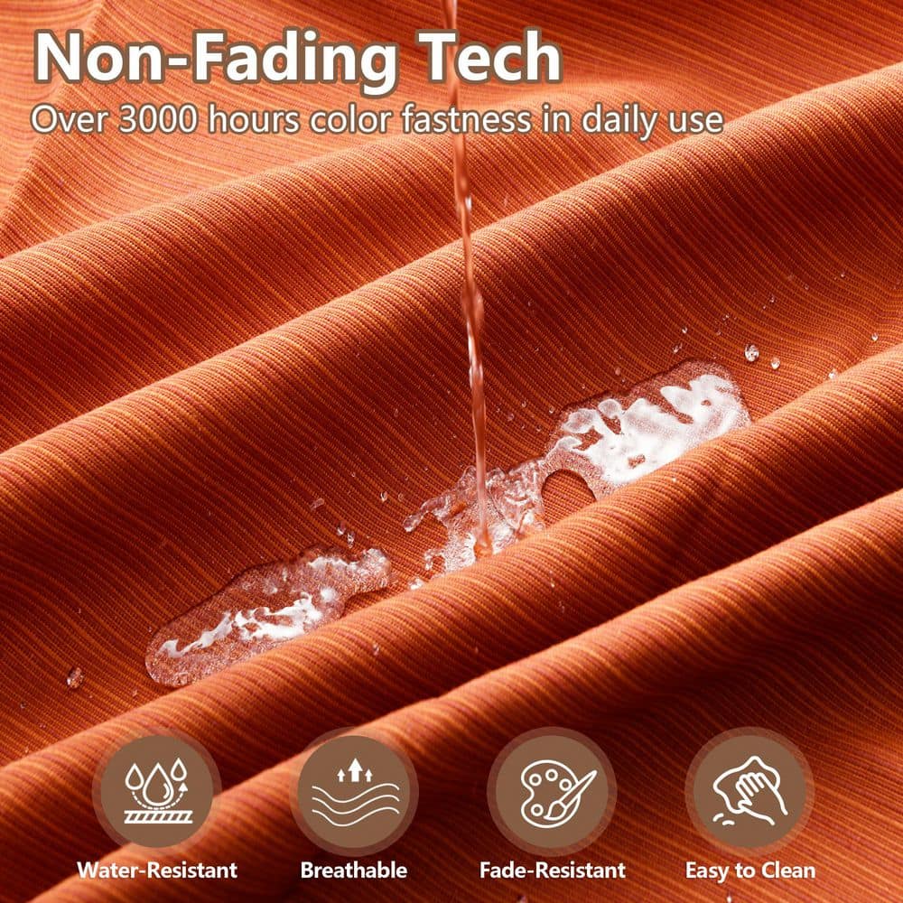 Close-up of orange red fabric with water droplets showing water resistance.