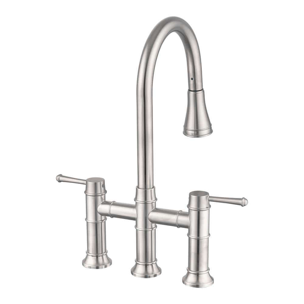 MYCASS Double Handle Pull Down Bridge Kitchen Faucet With Swivel Spout   Brushed Nickel Mycass Bridge Kitchen Faucets Btcmfbtc358 64 1000 