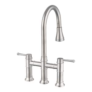 Double Handle Pull Down Bridge Kitchen Faucet with Swivel Spout in Brushed Nickel