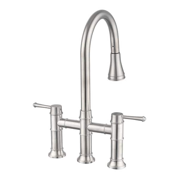 MYCASS Double Handle Pull Down Bridge Kitchen Faucet with Swivel Spout in Brushed Nickel