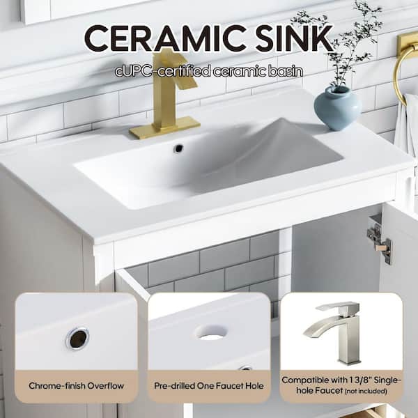 30 in. White Solid Wood Bath Vanity with White Ceramic Top, Soft-Close Doors and Drawers Dovetail, Unassembled