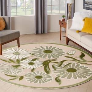 Aloha Ivory Green 5 ft. Round Botanical Contemporary Indoor/Outdoor Area Rug