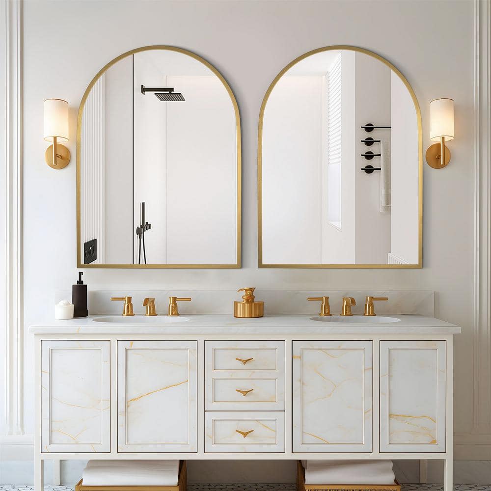 30 in. W x 40 in. H Arched Mirror for Bathroom Entryway Wall Decor Metal Fr
