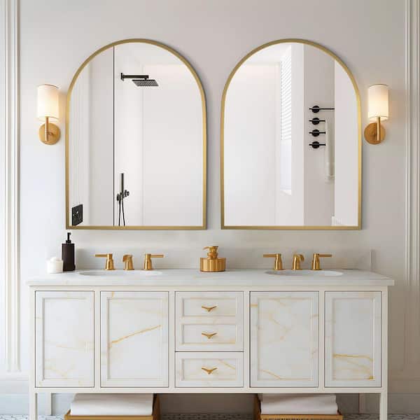 Lirago 30 in. W x 40 in. H Arched Mirror for Bathroom Entryway Wall Decor Metal Frame Wall Mounted Mirror in Gold 2-Pieces