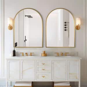 30 in. W x 40 in. H Arched Mirror for Bathroom Entryway Wall Decor Metal Frame Wall Mounted Mirror in Gold 2-Pieces