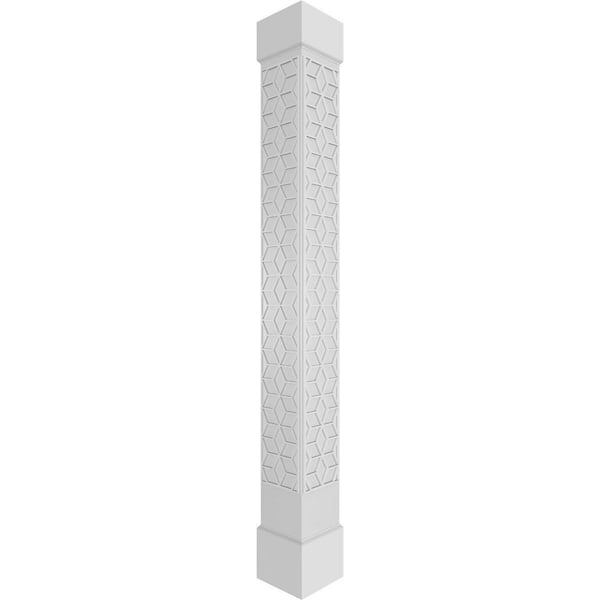 Ekena Millwork 9-5/8 in. x 9 ft. Premium Square Non-Tapered Pueblo Fretwork PVC Column Wrap Kit w/Standard Capital and Base