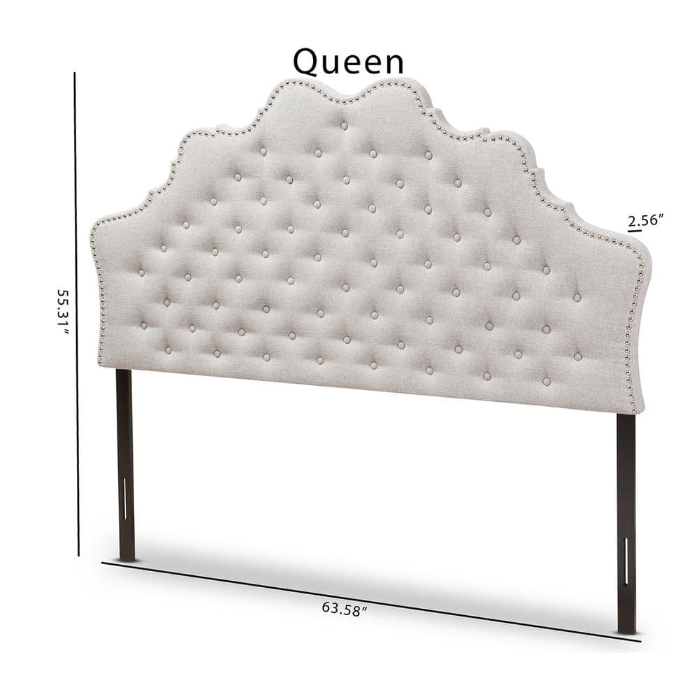 Greyish Beige Tufted Upholstered Queen Headboard with Nailhead Trim