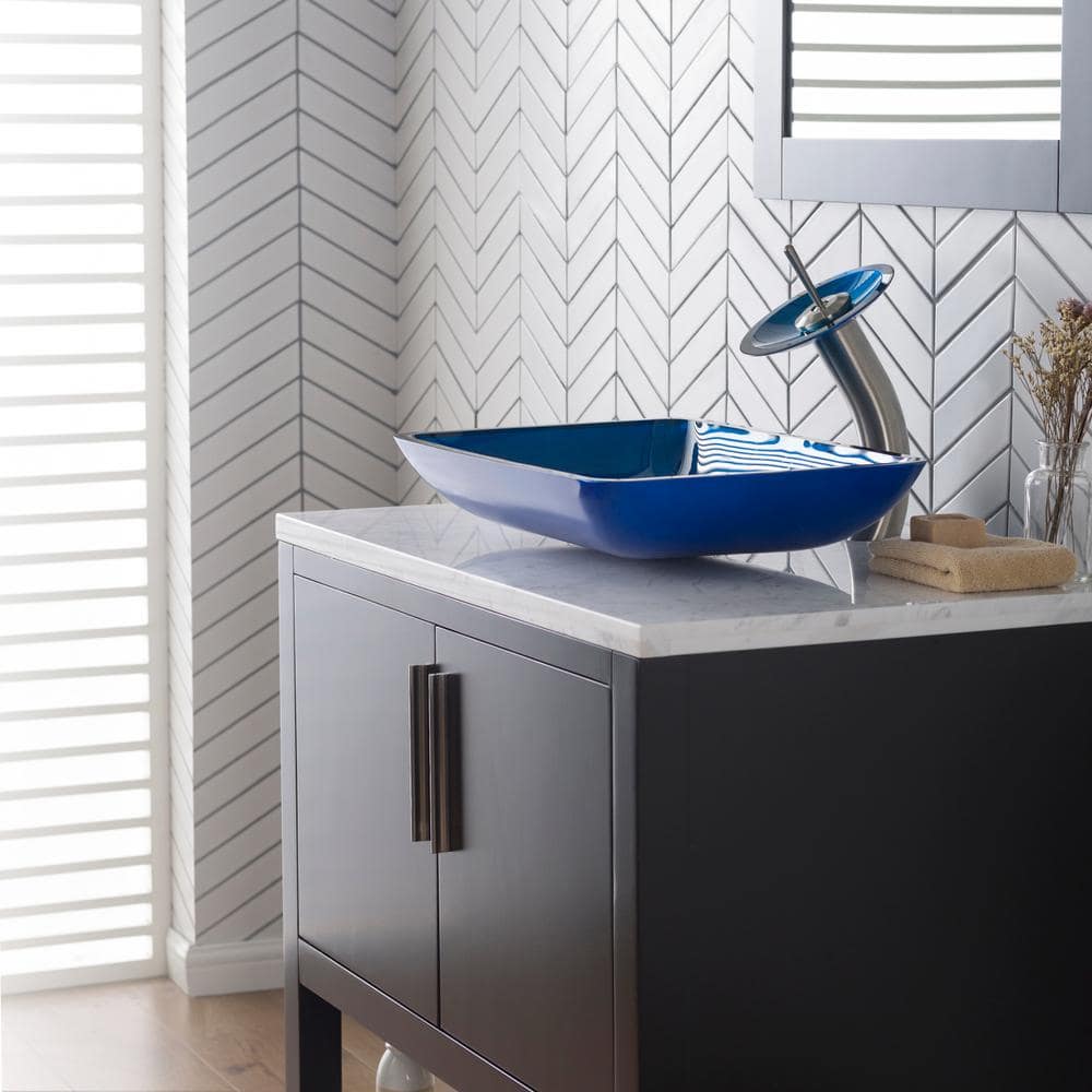 Fire Blue Glass Rectangular Vessel Sink with Satin Nickel Faucet