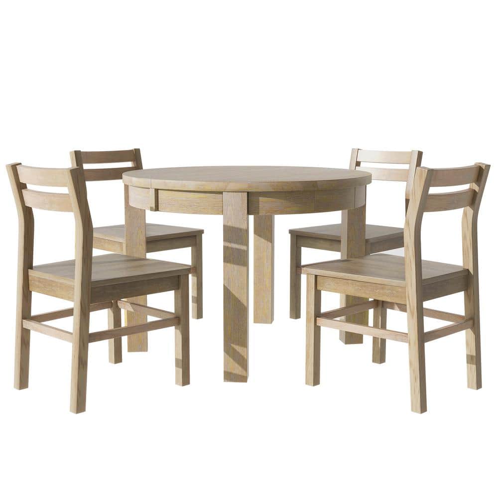 5 Pieces Solid Wood Extendable Round Outdoor Dining Set, with Storage Drawe