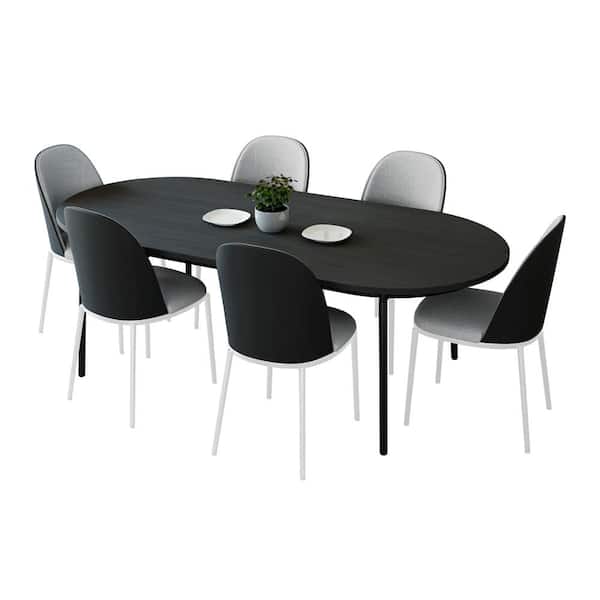 Leisuremod Tule 7 Piece Dining Set with 6 Velvet Seat Dining Chair in White Frame and 71 in. Oval Dining Table, Black/Platinum Blue
