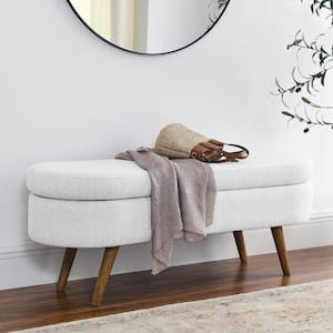 43.5 in. Linen Fabric Ottoman Oval Storage Bench with Rubber Wood Legs, White