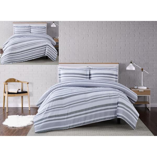 Truly Soft Curtis 3-Piece White/Grey Stripe King Comforter Set