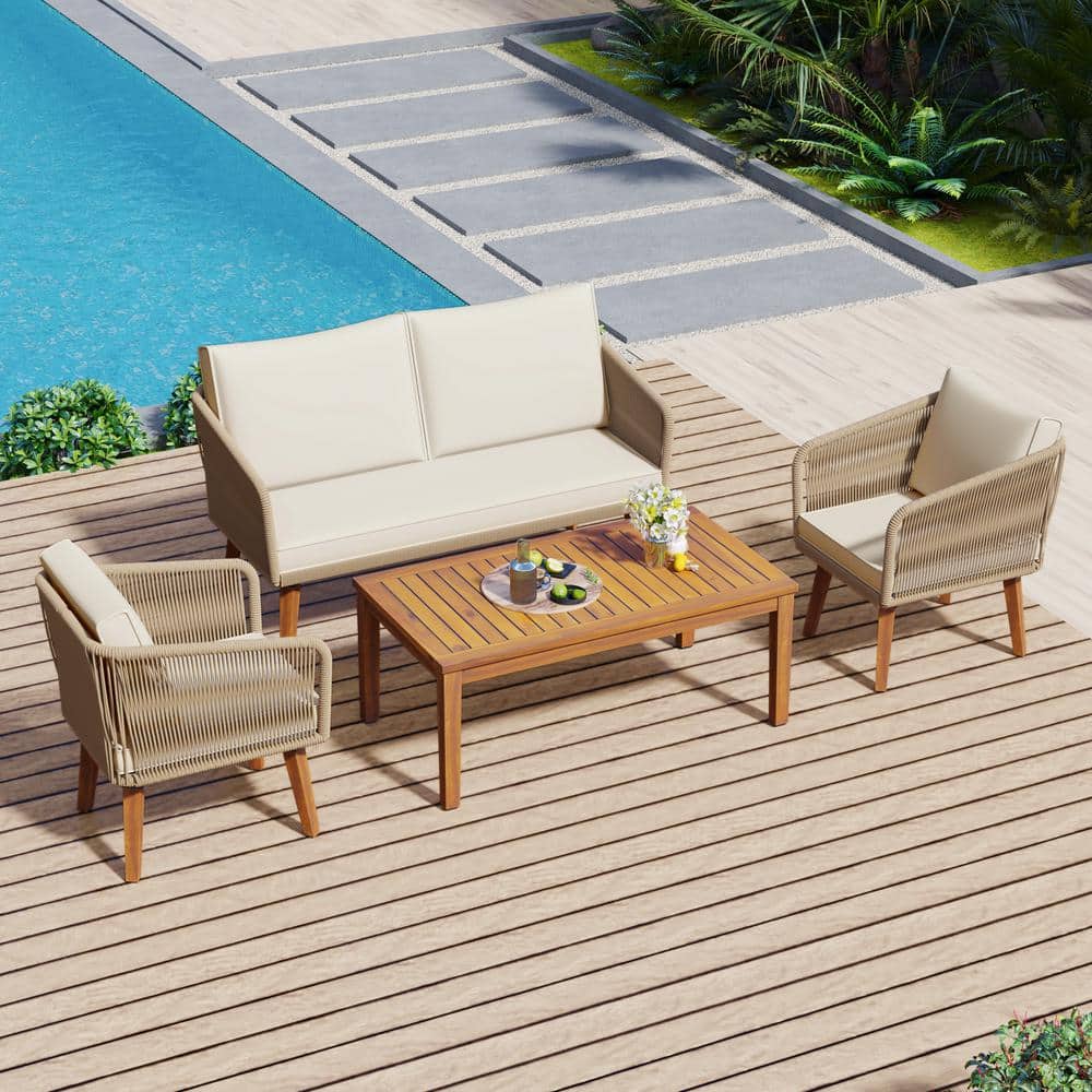 Zeus & Ruta 4-Piece Wood Patio Conversation Set with Beige Cushions for ...