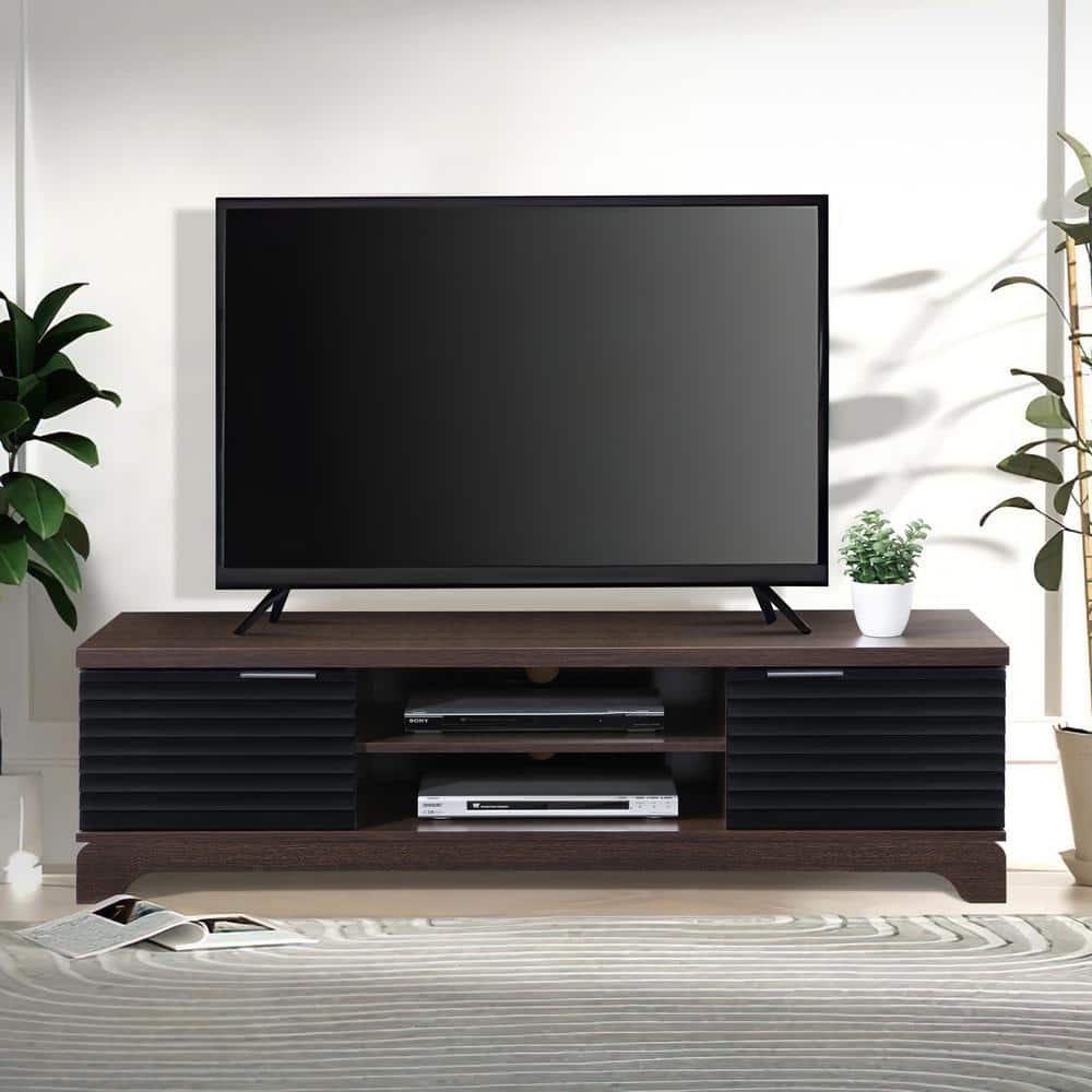 58.66 in. Dark Walnut Wood TV Stand with 2 Storage Cabinets Fits TVs up to