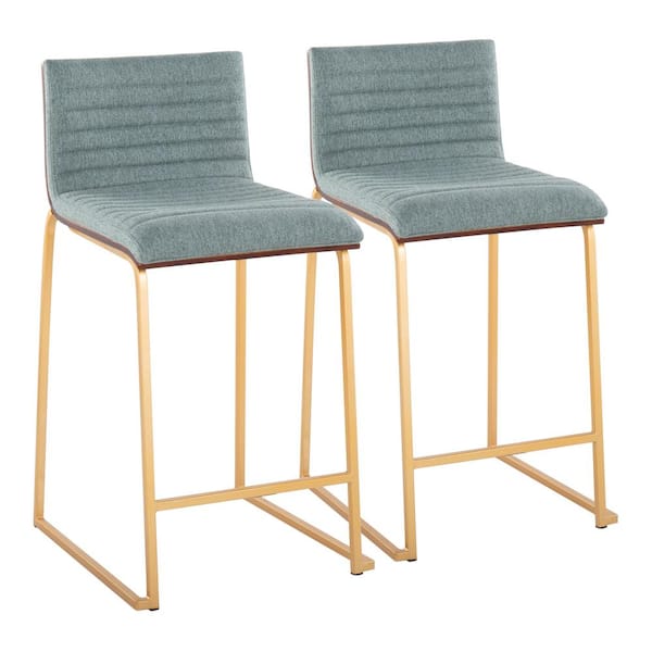 Lumisource Mason Mara 34 in. Green Fabric and Gold Metal Counter Height Bar Stool with Walnut Wood Seat Back (Set of 2)