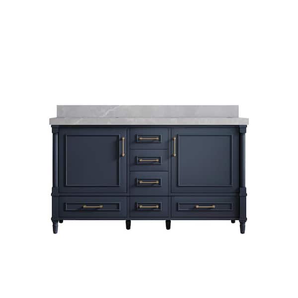 Willow Collections Hudson 60 in. W x 22 in. D x 36 in. H Double Sink Bath Vanity in Navy Blue with 2 in. Pearl Gray Top