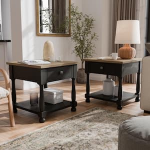 Yesenda 2 Piece 24 in. Farmhouse Black Square Wood End Table Set With Drawers