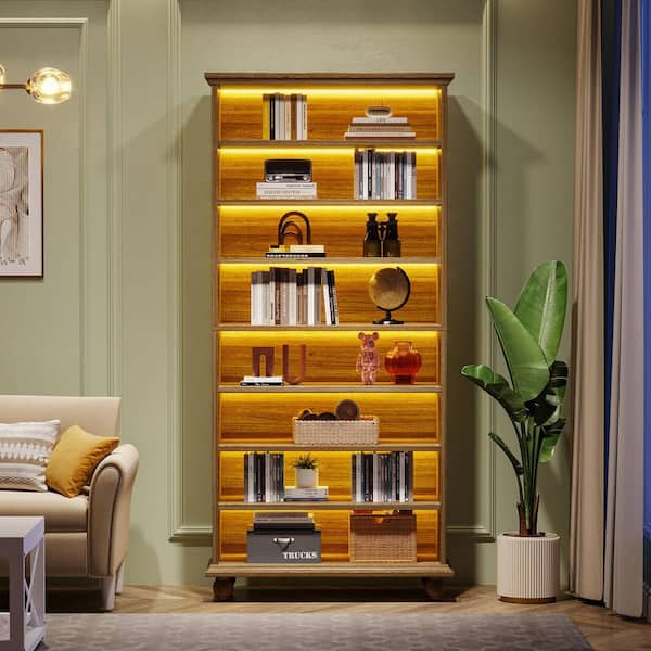 BYBLIGHT Eulas 69 in. Tall Oak MDF 8 Tier Standard Bookcase with LED Lighting, Open Display Bookshelves and Legs