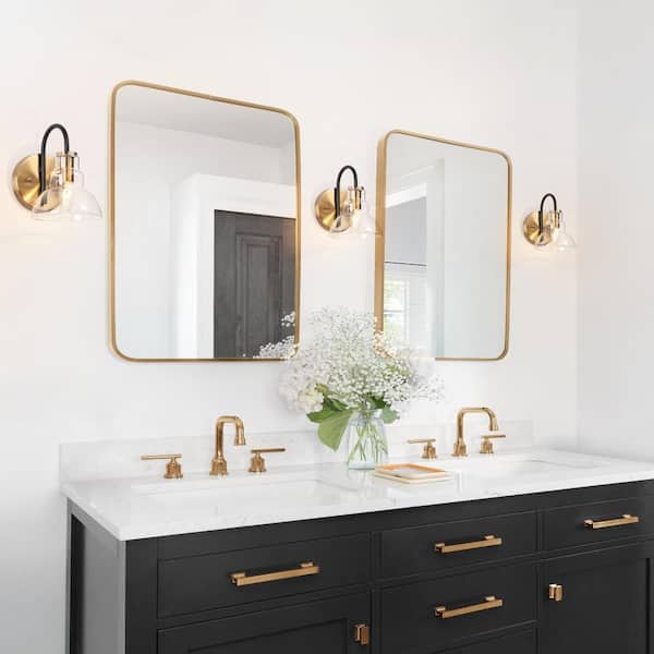 1-Light Brass-Plated Indoor Wall Sconce Lighting, Modern Farmhouse Wall Light Fixtures, Clear Glass Black Vanity Light
