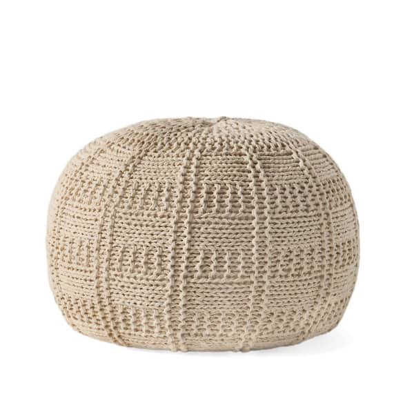 Noble House Axson Ivory Cotton Knitted Round Pouf