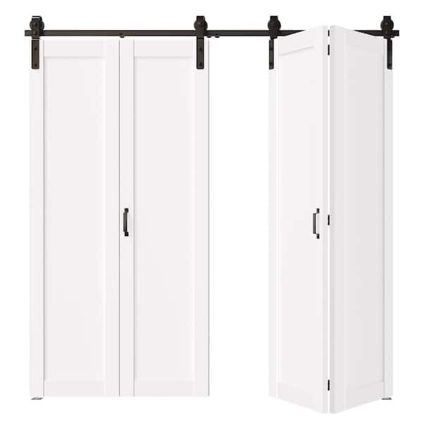 84in x 84in White, 1 Panel, Pre-Assembled Panel, Paneled MDF, Bi-Fold Style Sliding Barn Door with Hardware Kit