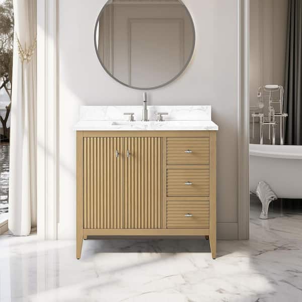 Vanity Art 36 in. W x 22 in D x 38 in. H Single Sink Bath Vanity Cabinet in Linear Natural Oak with Engineered Marble Top