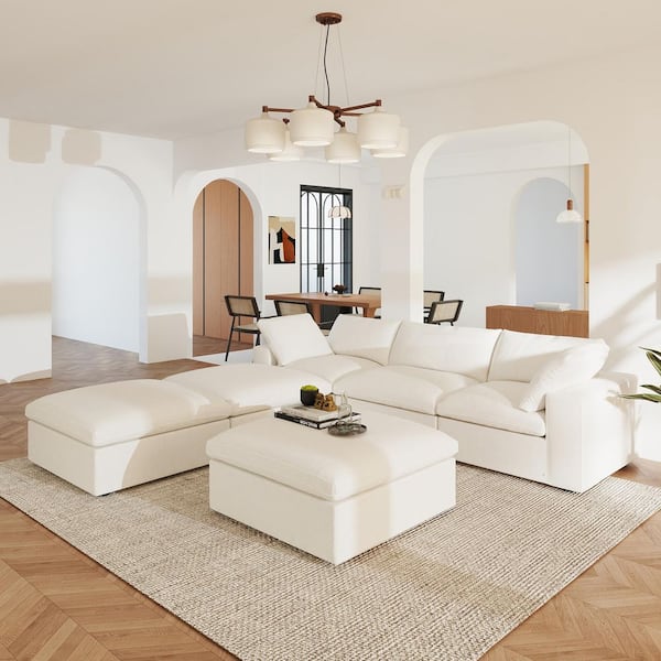 Magic Home 118 in. Square Arm 6-Piece Linen L-shaped Sectional Sofa Cloud Couch in White with Ottoman