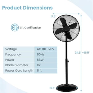 17.5 in. 3 Speeds Pedestal Fan in Black with Settings Carrying Handle Aluminum Blades