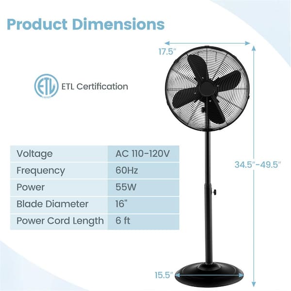 17.5 in. 3 Speeds Pedestal Fan in Black with Settings Carrying Handle Aluminum Blades