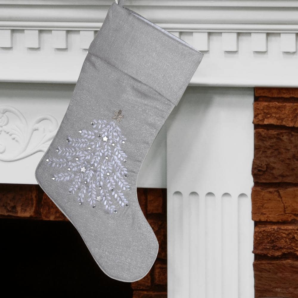 19" Silver Polyester Christmas Stocking with Embroidered Tree