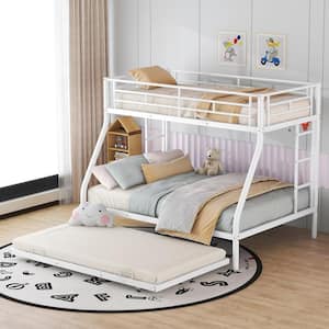 White Twin Over Full Metal Bunk Bed with Twin Size Trundle