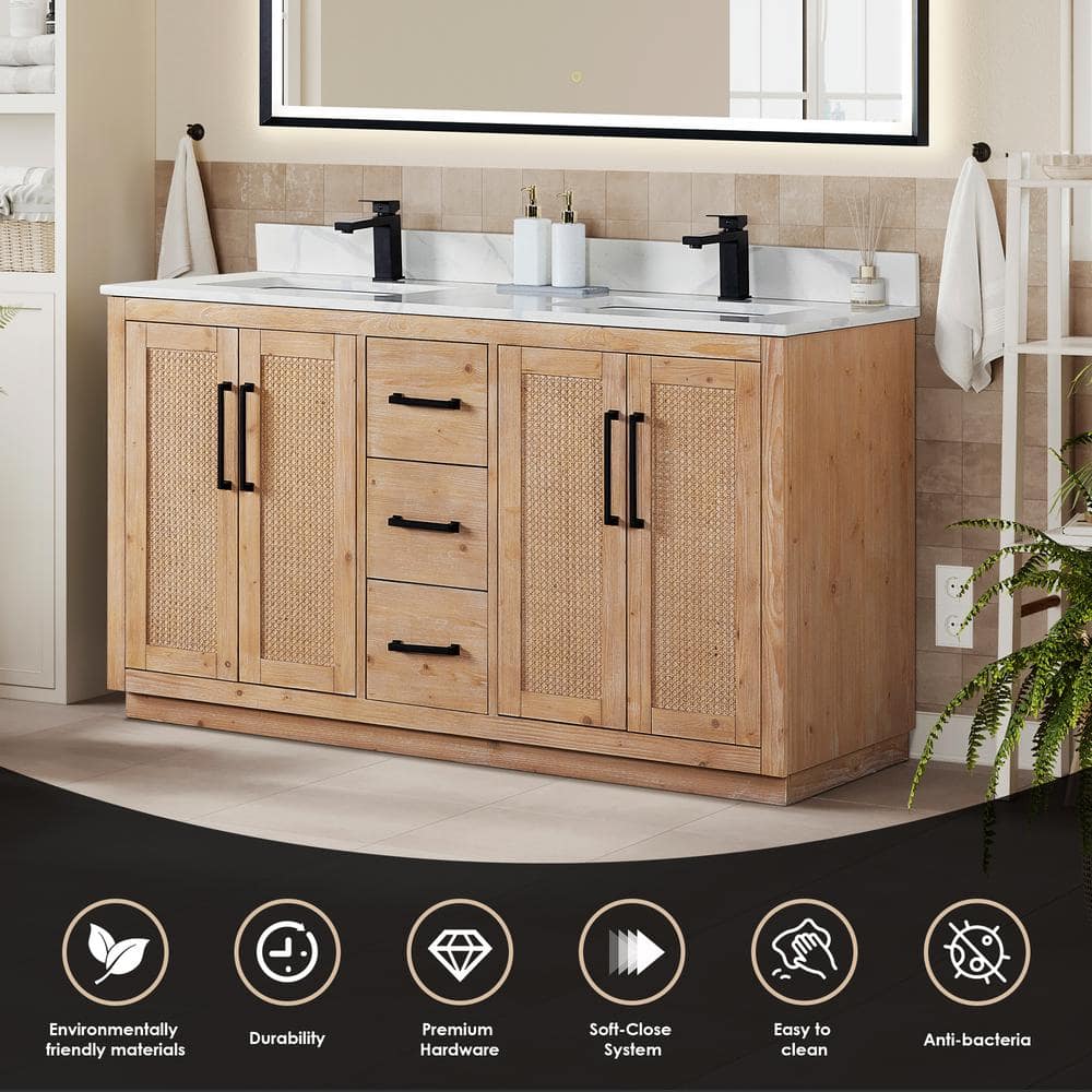Floral 60" Light Brown Fir Wood Double Vanity with Calacatta Quartz Top