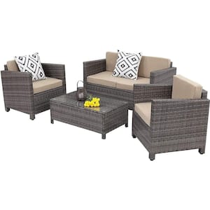 4-Piece PE Rattan Wicker Outdoor Patio Furniture Set in Grey