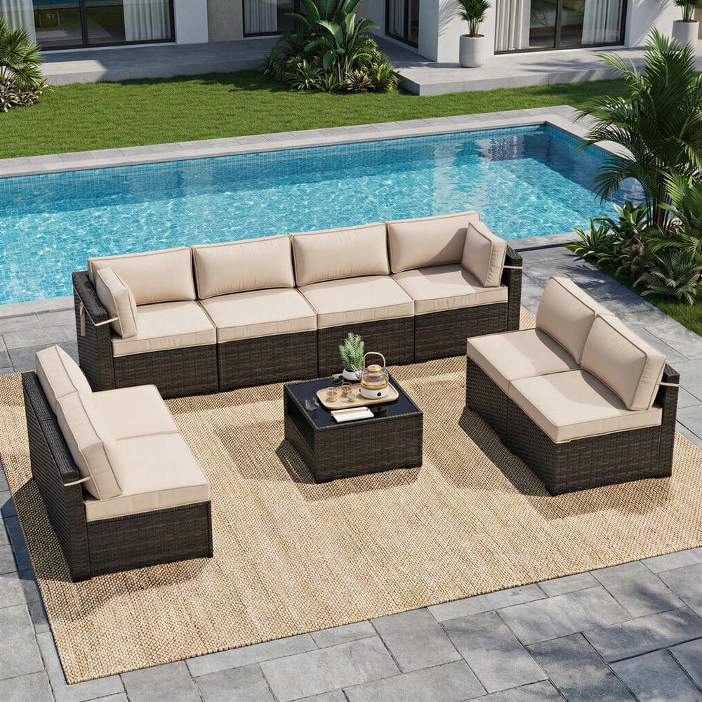 Wicker Outdoor 9-Piece Modular Sectional Sofa Set with Beige Cushions