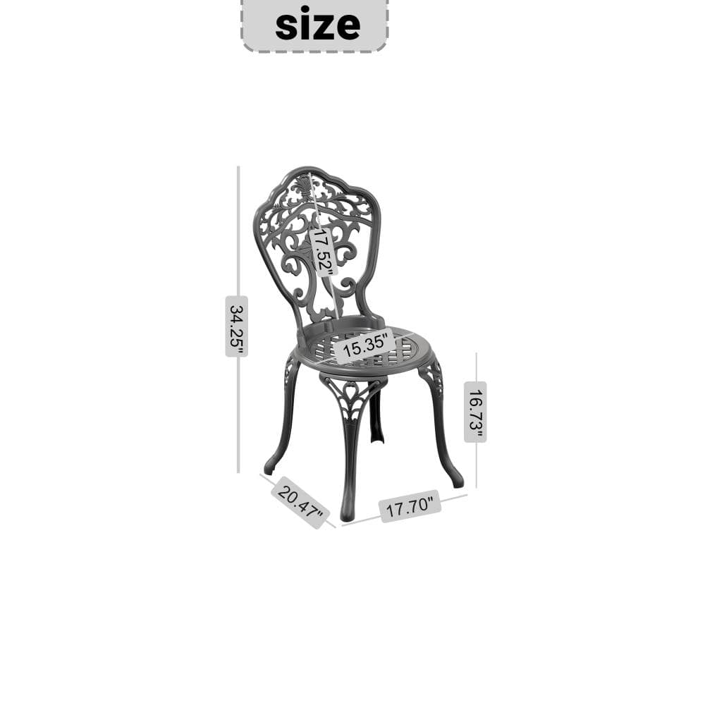 Black metal chair with size dimensions shown.