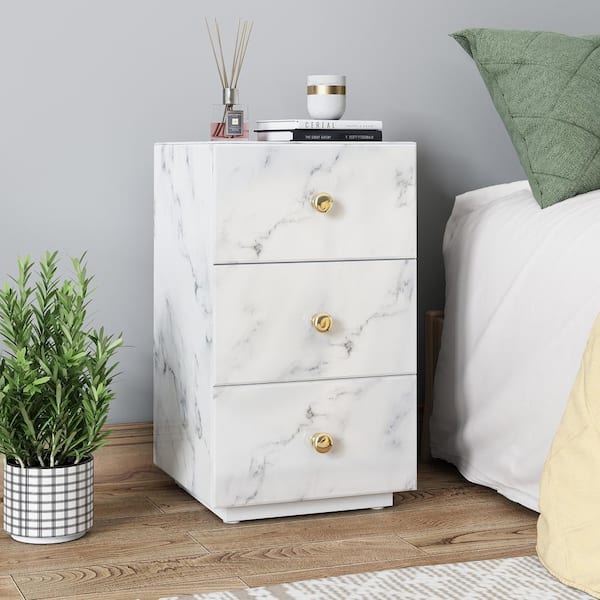 Aoibox 23.62 in. H x 13.77 in. W x 13.77 in. D 3-Drawer White Tempered Glass Marble Texture Bedside Table