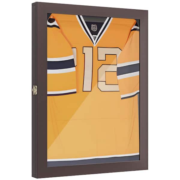 Unbranded Brown 23.5 in. x 31.5 in. MDF Shadow Box Jersey Display Case Wall-Mounted Memorabilia Acrylic Shadow Box with Hanger