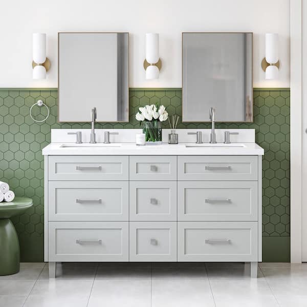 ARIEL Monroe 60 in. Double Sink Freestanding Bathroom Vanity in Gray with Pure White Quartz Top