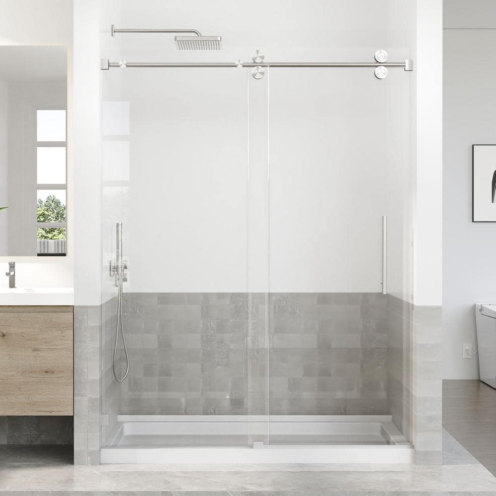 60-Inch Frameless Sliding Shower Door with Brushed Nickel Finish