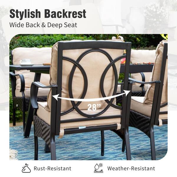 PHI VILLA Black Metal Frame Outdoor Dining Chair with Beige