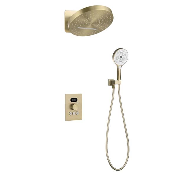 Single-Handle 3-Spray Thermostatic Shower Faucet 4.76 GPM with High Pressure Wall Mount Shower Trim Kit in. Brushed Gold